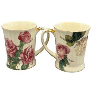 Burton & Burton Floral Rose Porcelain Mugs Set Of 2 Gold Accents Pink Romance